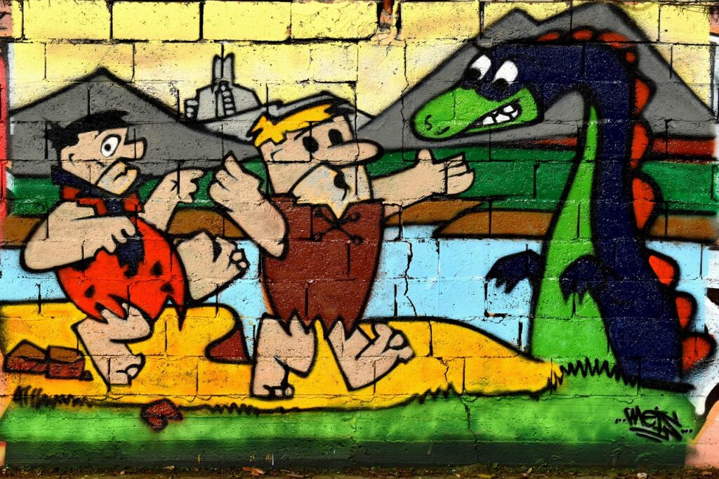 graffiti, art, comics, street art, wall, thessaloniki, cartoon, color, painting, monster, primitive, flintstones, dragon, dinosaur, prehistoric, bricks, flintstones, flintstones, flintstones, flintstones, flintstones
