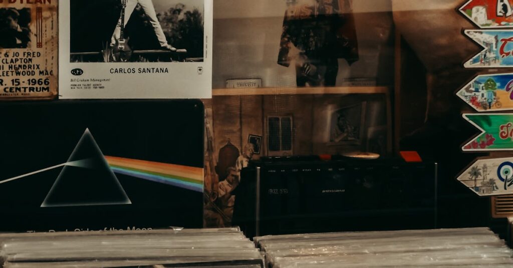 A collection of vintage vinyl records displayed in a cozy music store, featuring iconic album covers.