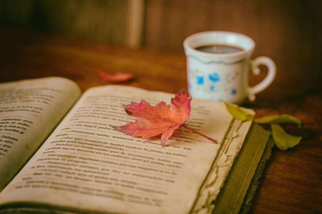 leaves, coffee, cup, nature, still life, coffee cup, book, reading, leisure, hobby, read, open book, bookworm